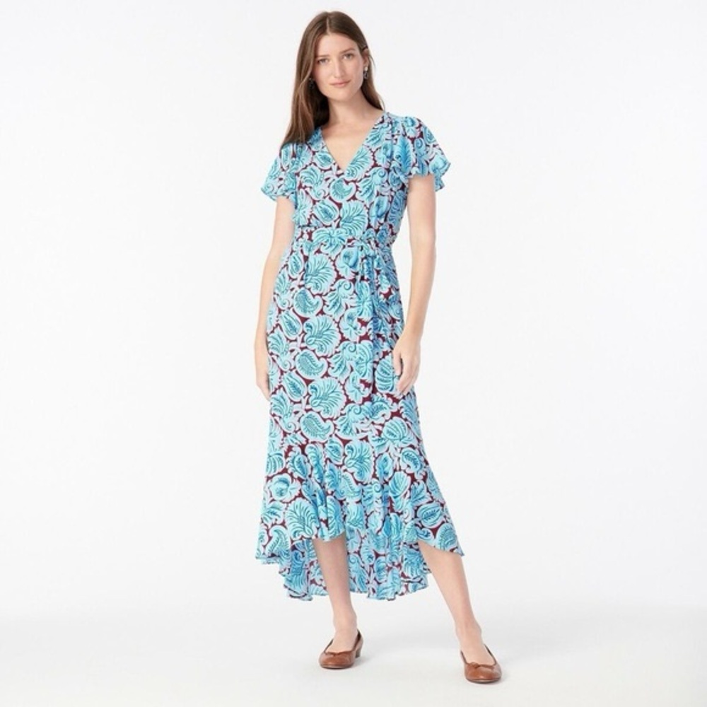 J. Crew V-neck flutter-hem dress in aqua burgundy paisley Women’s Size 2‎